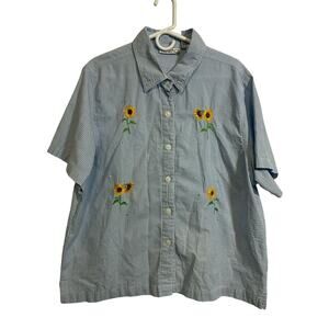 Womens 1X Blue Seersucker Sunflower Embroidered Button Shirt Cotton Cottage Core
